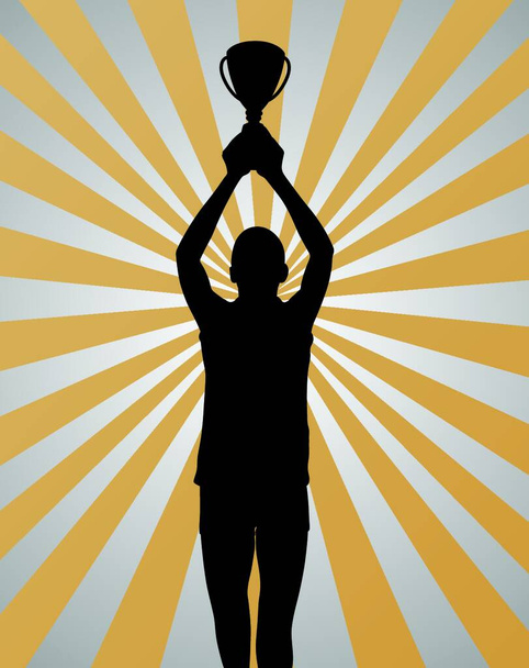 Illustration silhouette of a young sport winner holding a winning trophy on gold silver background. EPS file available. - Vektor, obrázek