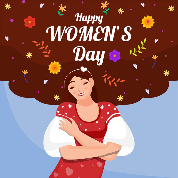 Happy Women's Day Font with Smiley Young Girl Hugging Yourself and Floral Decorated on Brown and Blue Background. - Vetor, Imagem