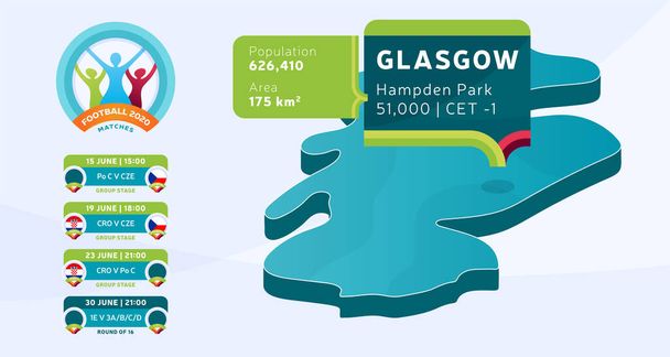 Isomric Scotland country map tagged in Glasgow stadio che si terrà partite di calcio vettoriale illustrazione. Calcio 2020 torneo fase finale infografica e paese info - Vettoriali, immagini