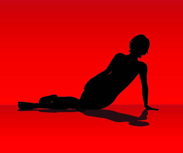 A female model resting on the floor set against a red background - Vektori, kuva