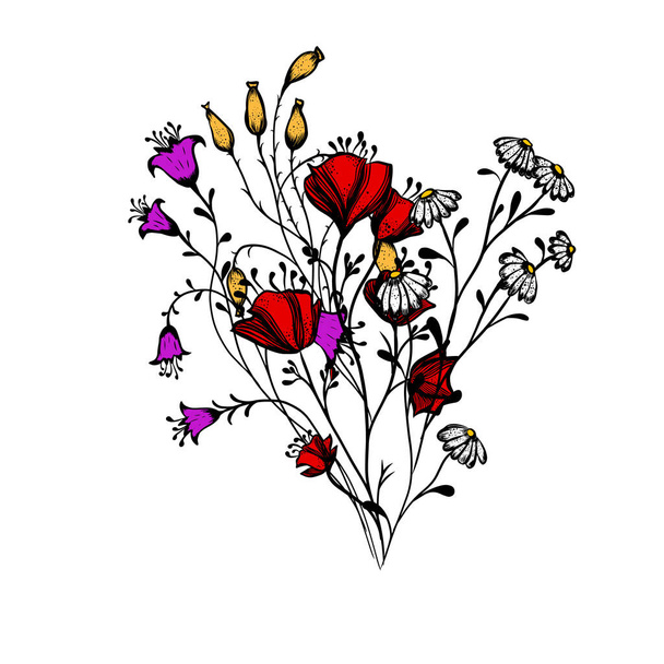 Ein Strauß Wildblumen. Vektorillustration - Vektor, Bild