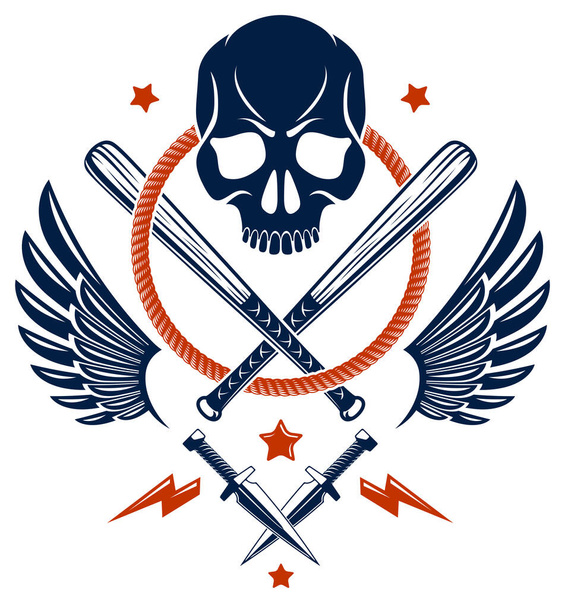 Criminal tattoo ,gang emblem or logo with aggressive skull baseball bats and other weapons and design elements, vector, bandit ghetto vintage style, gangster anarchy or mafia theme. - Vector, Image