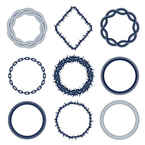 Круглі рамки з ланцюгового шипа і мотузки, набір векторних елементів дизайну, кордони форми кола
. - Вектор, зображення
