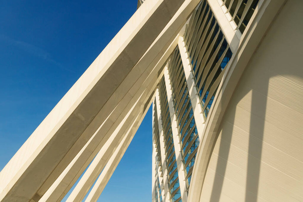Valencia, Spain - 17 February 2020: Sunlit detail of the Science Museum 'Princep Felip' entrance in the City of Arts and Sciences designed by architects Santiago Calatrava and Felix Candela - Fotografie, Obrázek