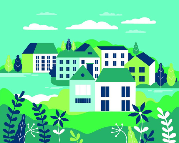 Village landscape flat vector illustration. Buildings, hills, lake, flowers and trees, abstract background for header images for websites, banners, covers - Vektor, kép