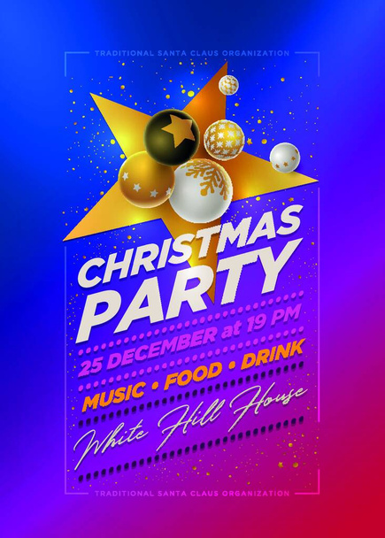 Vector Christmas Party poster design with 3d white, black and gold Christmas balls . Elements are layered separately in vector file. - Vector, afbeelding