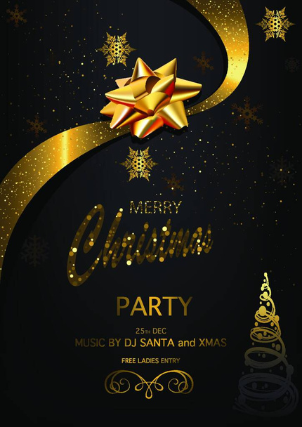 Kerst uitnodiging voor feestje op zwarte achtergrond met sneeuwvlokken - vectorillustratie, gouden Glittering inscriptie, gouden boog en lint - Vector, afbeelding