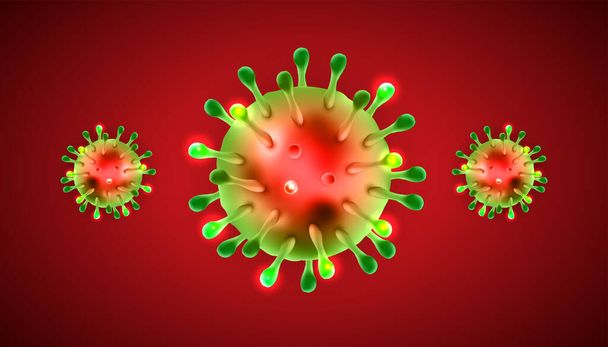 Coronavirussen 3d realistische vector in rode achtergrond. Corona viruscel, wuhan virusziekte. Perfect voor banner informatie, flyer, poster, etc. Vectorillustratie eps10 - Vector, afbeelding