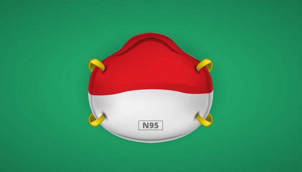 Yeni Coronavirus 2019-nCov için Endonezya bayrağı güvenliği içeren n95 yüz maskesi. Wu Han Corona Virüsü Hastalığı Coronavirüs Karantina Konsepti. Afiş için mükemmel bir geçmiş. Vektör illüstrasyonu - Vektör, Görsel