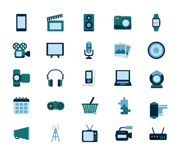 Multimedia and technology flat style icon set vector design - Vector, Image