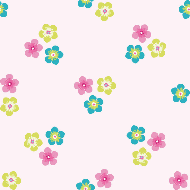 Trio of small flowers seamless vector pattern background. Groups of multicolor blooms tropical backdrop. Modern drawn floral illustration. All over print for summer vacation and wedding resort concept - Vector, Image