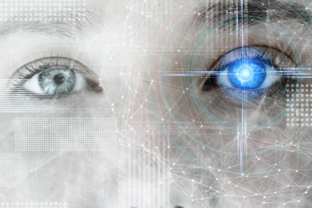 концепція майбутніх технологій з жіночим зосередженням очей з сучасною іконою графічних технологій подвійне експонування і змішане разом
 - Фото, зображення