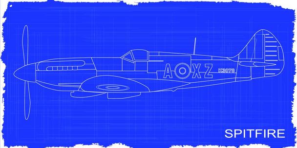 A Supermarine World War II Spitfire Mark XIV  fighter plane as a blueprint - Vector, Imagen