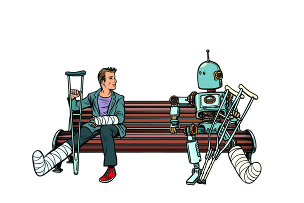 a robot and a man with broken legs with crutches and in a cast. medicine and health. Pop art retro vector illustration kitsch vintage - Вектор,изображение