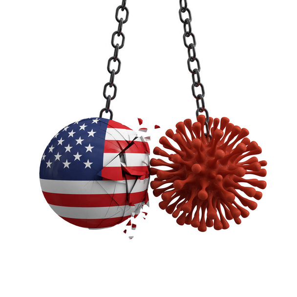 USA ball smashes into a virus disease microbe. 3D Render - Fotoğraf, Görsel
