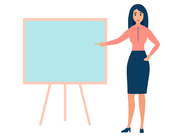 Office worker, woman with blank empty board. In minimalist style. Cartoon flat vector - Vector, Image