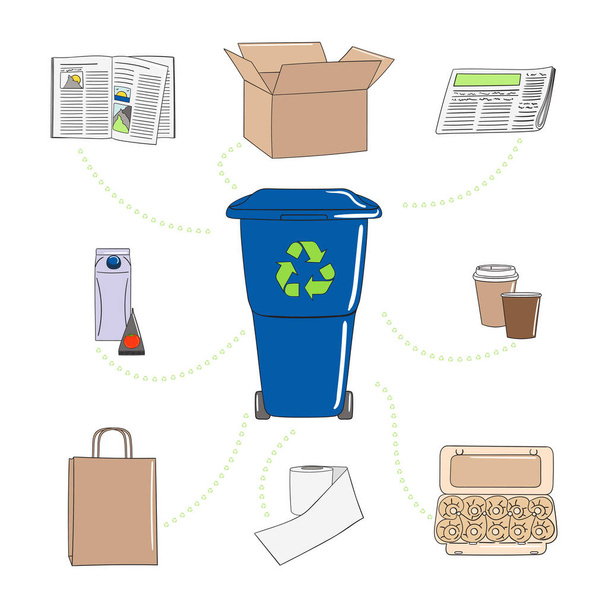 Set of paper garbage with plastic can. Box, newspaper, magazine, paper, milk and egg packaging. Waste management. Sorting garbage. Utilization concept. Hand drawn vector illustration. - Vector, Image