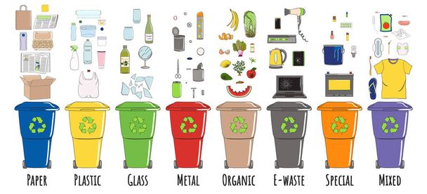 Set of garbage cans with sorted garbage. Recycle trash bins. Waste management. Sorting garbage. Organic, metal, plastic, paper, glass falls into bins. Hand drawn vector illustration. - Vector, Image