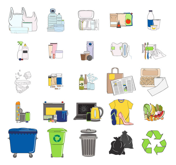 Een stel gesorteerde iconen. Prullenbak. Afvalbeheer. Afval sorteren. Organisch, metaal, plastic, papier, glas, e-waste, speciaal, gemengd afval. Handgetekende vectorillustratie. - Vector, afbeelding
