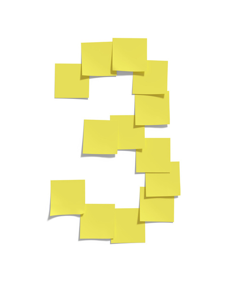 Yellow memo notes illustrating THREE and including clipping path - Photo, Image