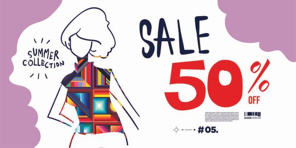 Vector illustration colorful women's fashion summer sales banner discount 50% off. Summer design fashion collection. - Vector, Image