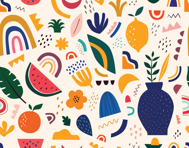 Spring seamless pattern. Cute spring pattern with fruits and abstract elements. Decorative abstract illustration with colorful doodles. Hand-drawn modern illustration with flowers, abstract elements - Vektori, kuva