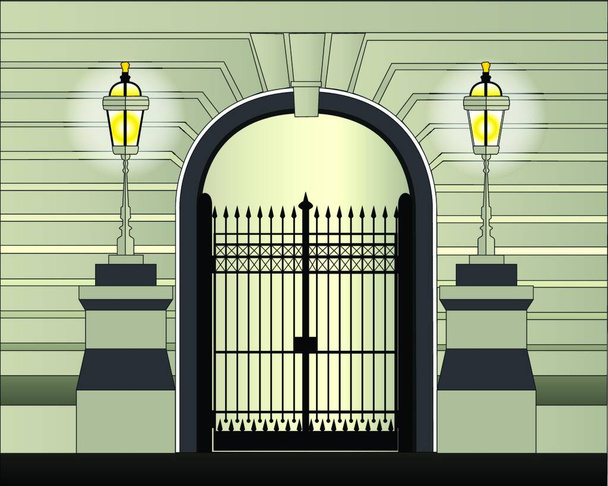An iron gate set on a large concrete wall - Vector, Imagen