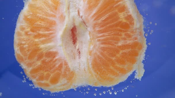 Sinaasappelmandarijnen, mandarijnenschil of mandarijnenschijfje in macro. verse citrusvruchten in water onder water. - Video