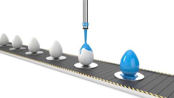 Пасхальные яйца на производственной линии. подходит для пасхальных, яиц и заводских тем. 3d иллюстрация
 - Фото, изображение
