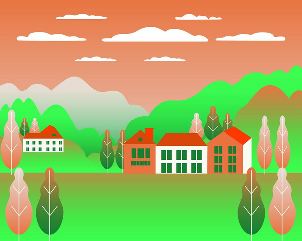 Rural valley view Farm countryside. Village landscape with ranch in flat style design. Landscape with detached house farm one family house, barn, building, tree, background cartoon vector illustration - Vektor, obrázek