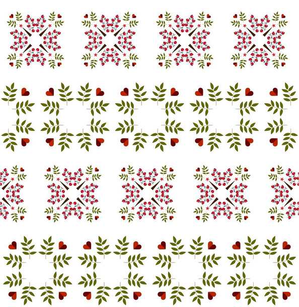 Vector seamless pattern of berries, leaves and heart on a white background. For fabric, baby clothes, background, textile, wrapping paper and other decoration.  - Vector, afbeelding