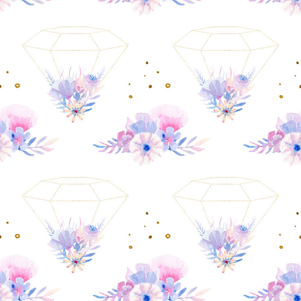 watercolor and gold flowers and plants - seamless pattern. Pink, purple and blue - Foto, immagini
