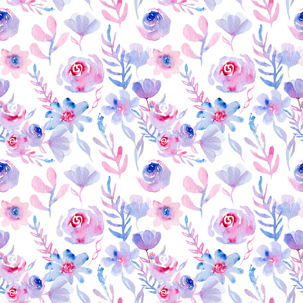 watercolor flowers and plants - seamless pattern pink and blue - Photo, Image