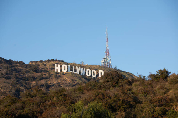 Los Angeles, California - February 15, 2020 : View of the Hollywood Sign from Lake Hollywood Park in Los Angeles, California - Photo, image