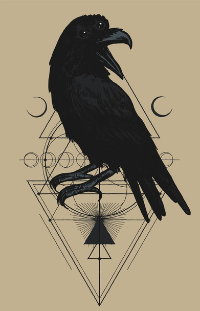 Ilustración ocultista de cuervo de tres ojos. Camiseta estampada con pájaros mágicos y formas geométricas y lunas
. - Vector, imagen