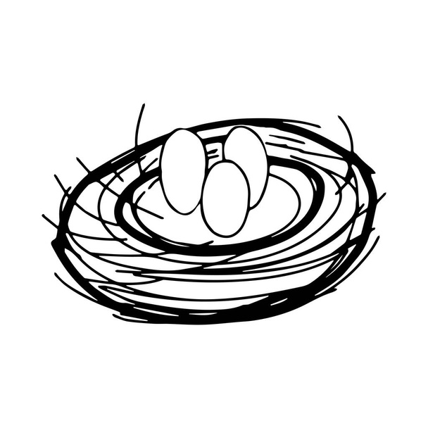Disegno a mano vettore nero Illustrazione di un nido di uccelli con un gruppo di tre uova isolate su sfondo bianco
 - Vettoriali, immagini