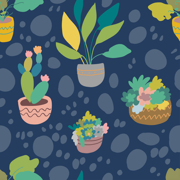Urban interior house plants in decorative pots vector illustration. Hand drawn art succulents cacti ficus tropical plants in scandinavian minimal style. Tile pattern for print fabric. - Vettoriali, immagini