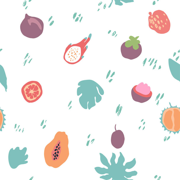 Minimal summer trendy vector tile seamless pattern in scandinavian style. Exotic fruit slice, plant leaf and abstract elements. Textile fabric swimwear graphic design for print isolated on white. - Vektor, obrázek