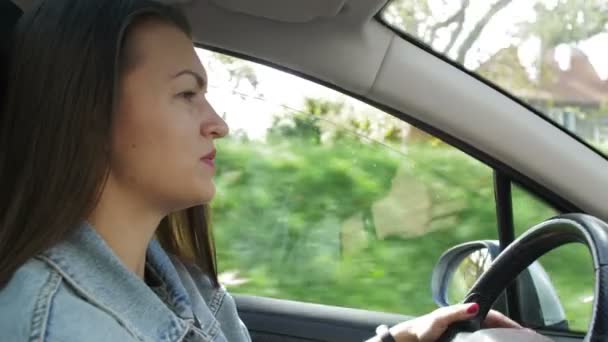 Portrait of beautiful Young Woman Driving Car through big Sunny City. Camera Shot Made From the Passenger. - Materiaali, video