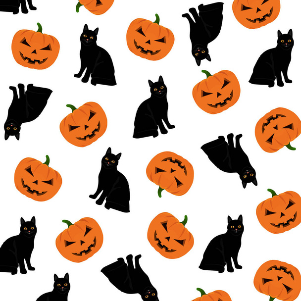 Halloween minta tökkel és fekete macskával. Halloween háttér sütőtök és fekete macska - Vektor, kép