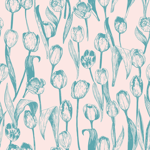 Bezešvé vzory s jarními tulipány jsou v rytém stylu - Vektor, obrázek
