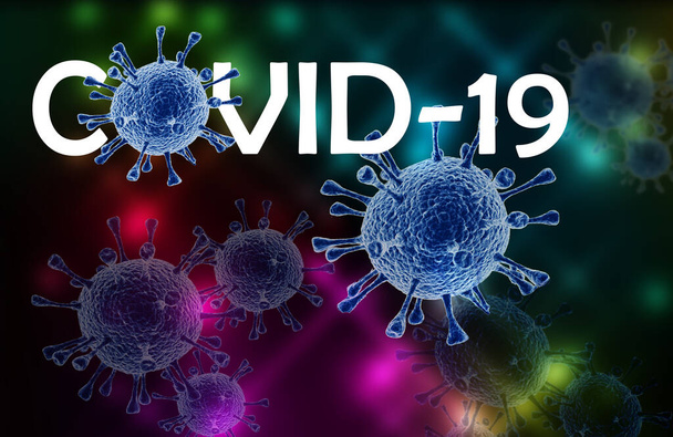 Coronavirus COVID-19 infectie, medische illustratie. Nieuwe officiële naam voor Coronavirus genaamd COVID-19, pandemisch risico, blauwe achtergrond - Foto, afbeelding
