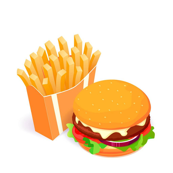 French fries and burger isometric vector illustration. Fast food concept - ベクター画像