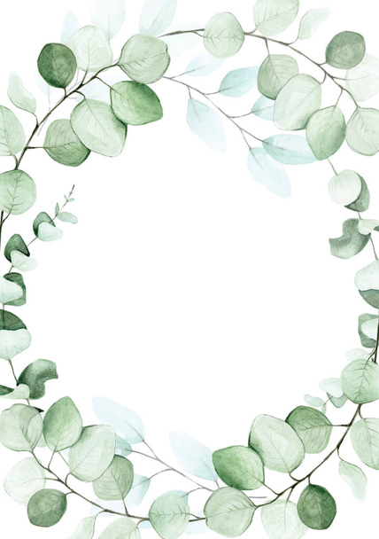 handtekening rond frame van eucalyptus bladeren. grafisch ontwerp element voor bruiloft, wenskaart, cosmetica label. ruimte voor tekst - Foto, afbeelding