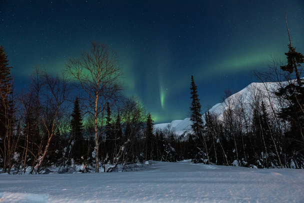 Zöld sarkvidéki északi fények Aurora Borealis tevékenység télen Finnország, Lappföld - Fotó, kép