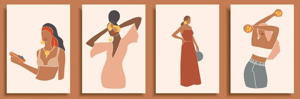 Set of abstract female shapes and silhouettes on retro summer background. Abstract women portraits in pastel colors. Collection of contemporary art posters. Fashion paper cut elements for social media, postcards, print. - Vector, Image