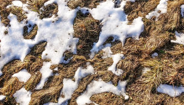 Der Schnee ist fast verschwunden. Durch das Tauwetter des Schnees ist trockenes Gras sichtbar. Vorfrühling - Foto, Bild