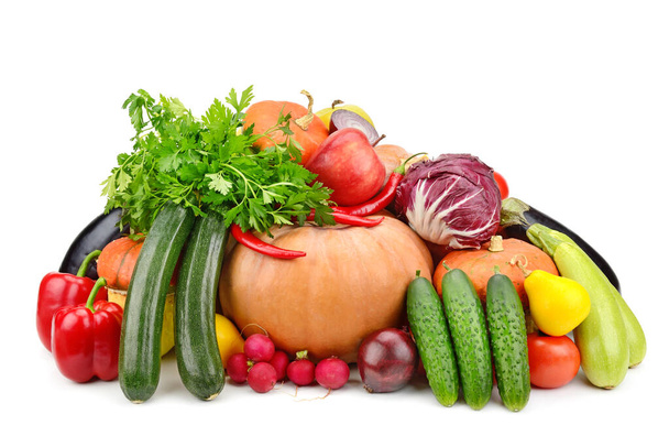 Große Sammlung nützliches Gemüse und Obst isoliert auf weißem Hintergrund. Seitenansicht. - Foto, Bild