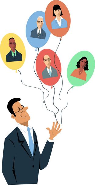Biznesmen puszczający balony z twarzami pracowników jako metaforą zdalnej pracy lub zarządzania makrami, ilustracja wektorowa EPS 8 - Wektor, obraz