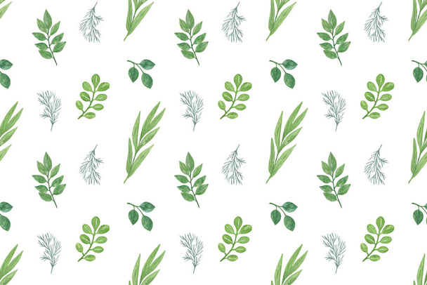 Repeat pattern of watercolor fancy green leaves on the white background, hand drawn illustration that can be used for textile, fabrics, invitations and the like - Фото, изображение